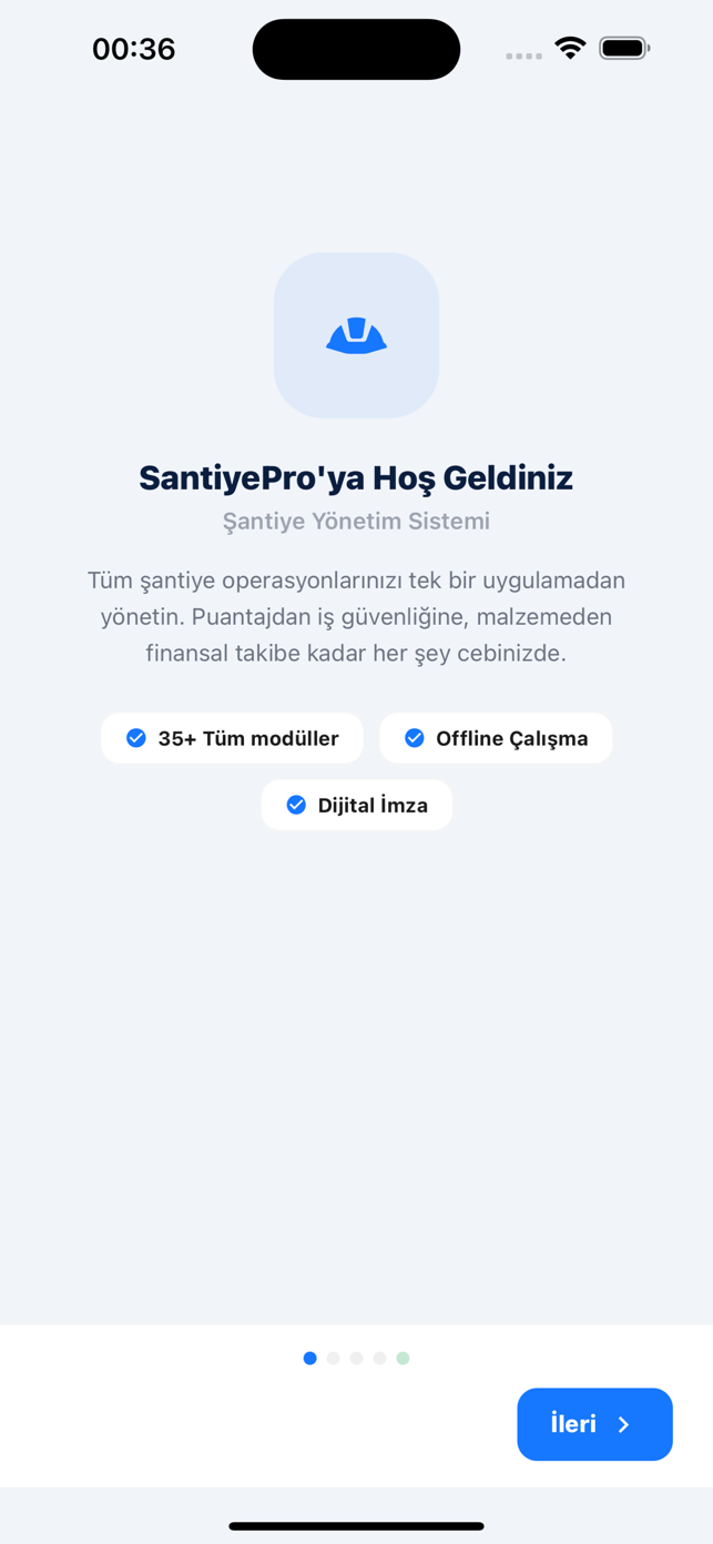 SantiyePro telefon karşılama ekranı: 35+ tüm modüller, offline çalışma ve dijital imza rozetleriyle uygulamaya hoş geldiniz