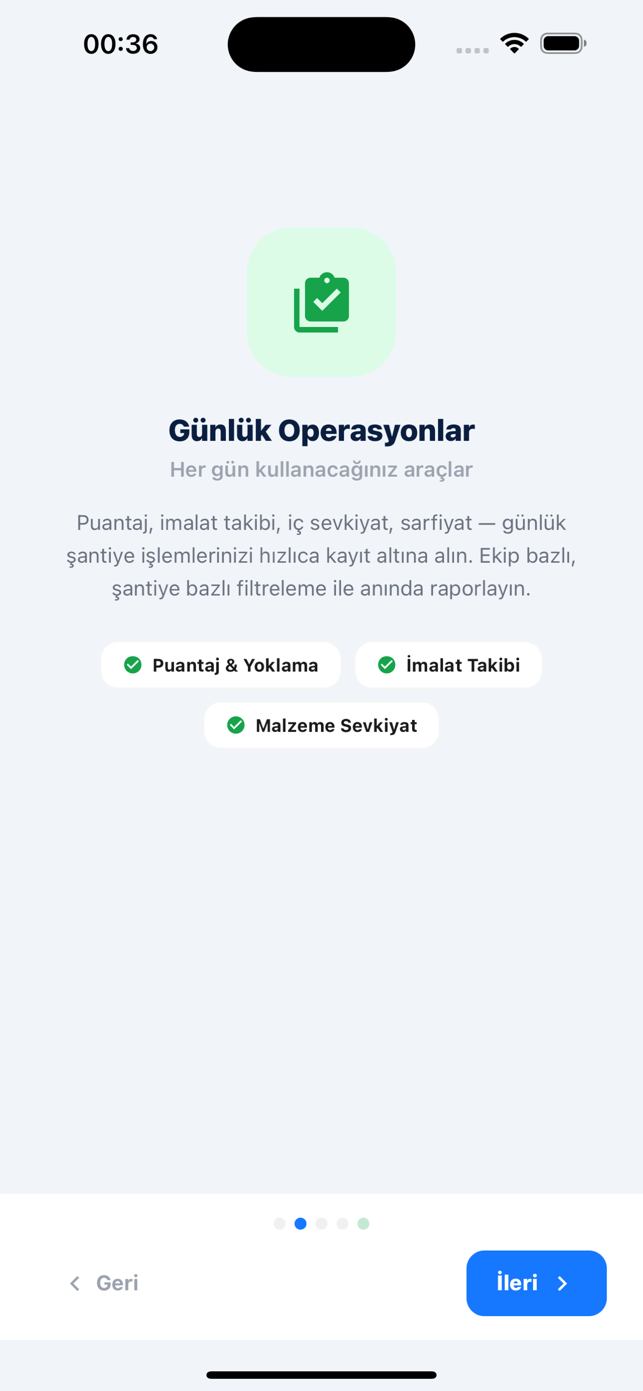 SantiyePro telefon ekranı: günlük operasyonlar bölümünde puantaj ve yoklama, imalat takibi ve malzeme sevkiyat kısayolları