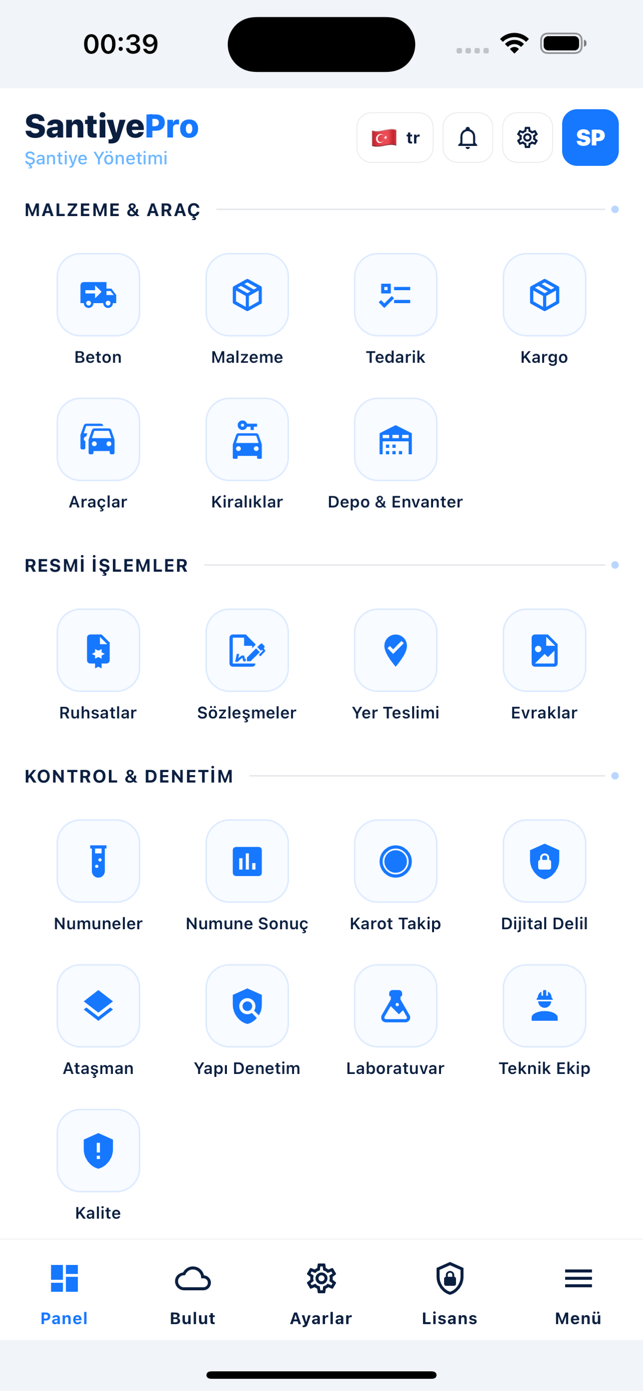 SantiyePro telefon modül listesi: malzeme ve araç, resmi işlemler, kontrol ve denetim kategorileri ikonlu görünümde