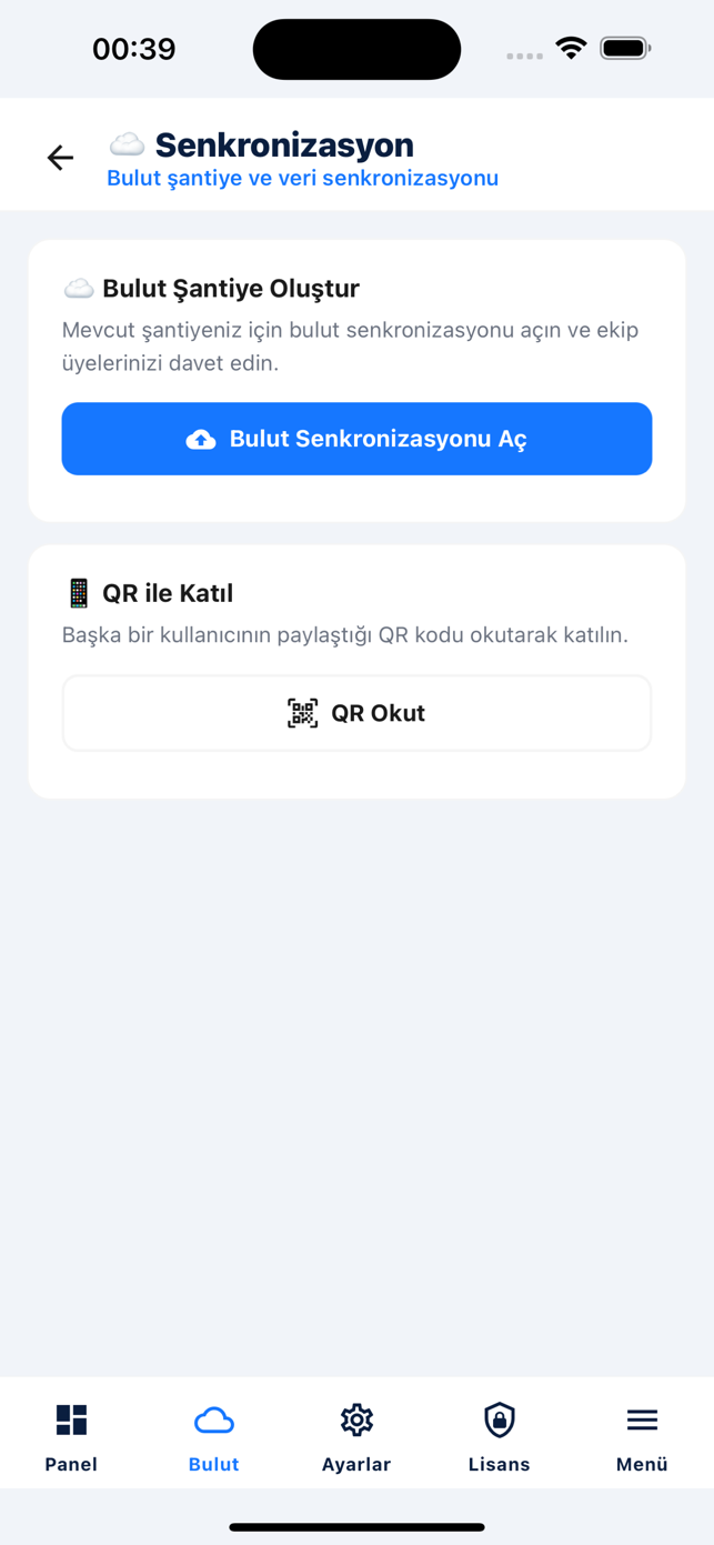 SantiyePro telefon senkronizasyon ekranı: bulut şantiye oluştur butonu ve QR ile katıl kod okutma seçeneği