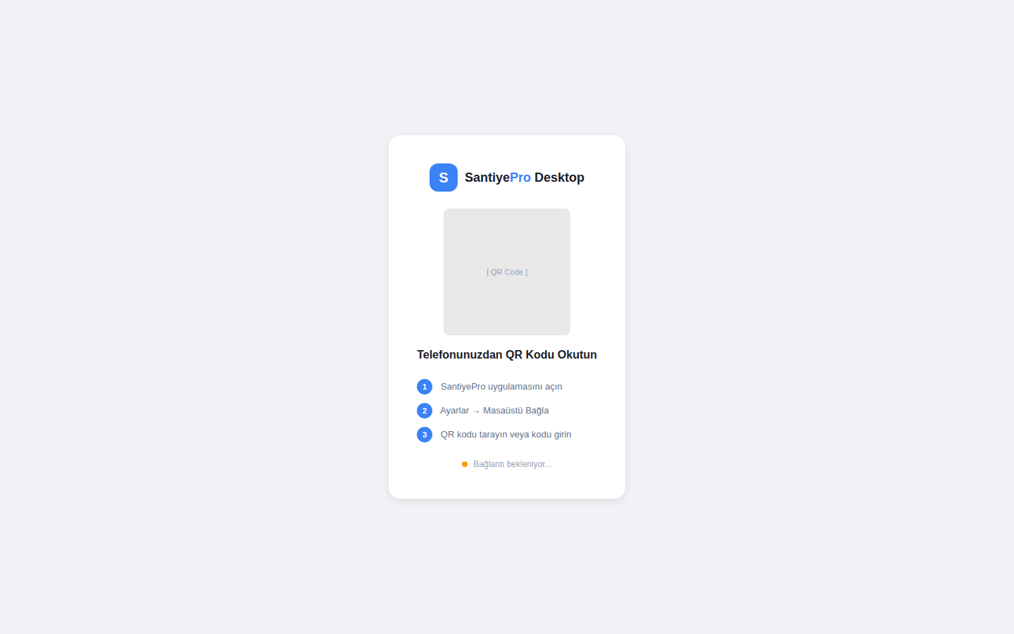 SantiyePro QR eşleştirme ekranı — telefonu masaüstü web arayüzüyle QR kod okutarak güvenli eşleştirme